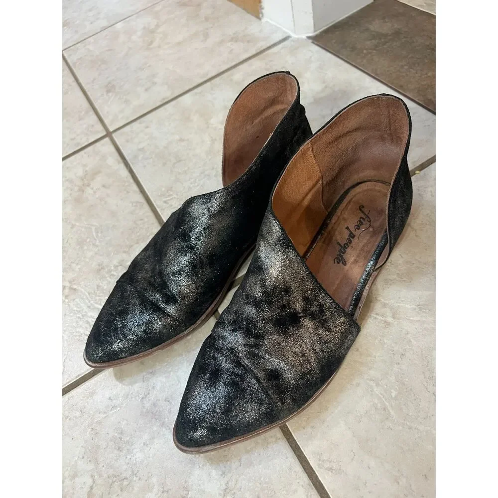 Free People Royale Flat Onyx Black Pointed Metallic Loafers Womens 8.5 EU 39